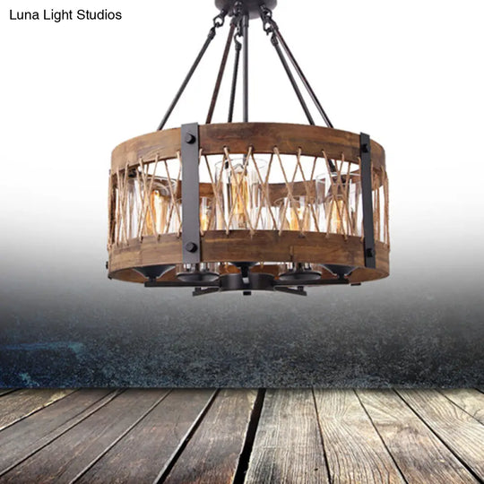 Retro Black 5-Light Metal Chandelier With Wooden Drum Pendant - Perfect For Dining Room