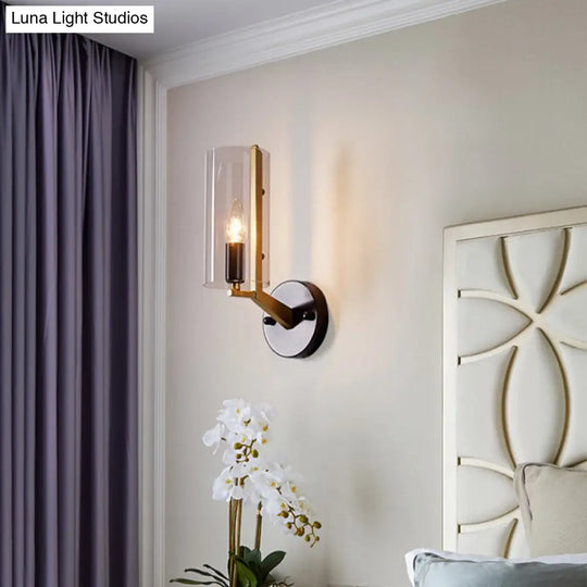 Retro Black Tube Wall Light With Transparent Glass Sconce - Brass Arm Fixture