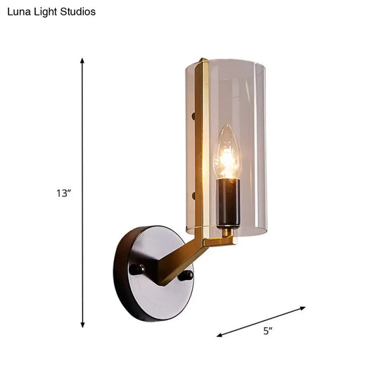 Retro Black Tube Wall Light With Transparent Glass Sconce - Brass Arm Fixture