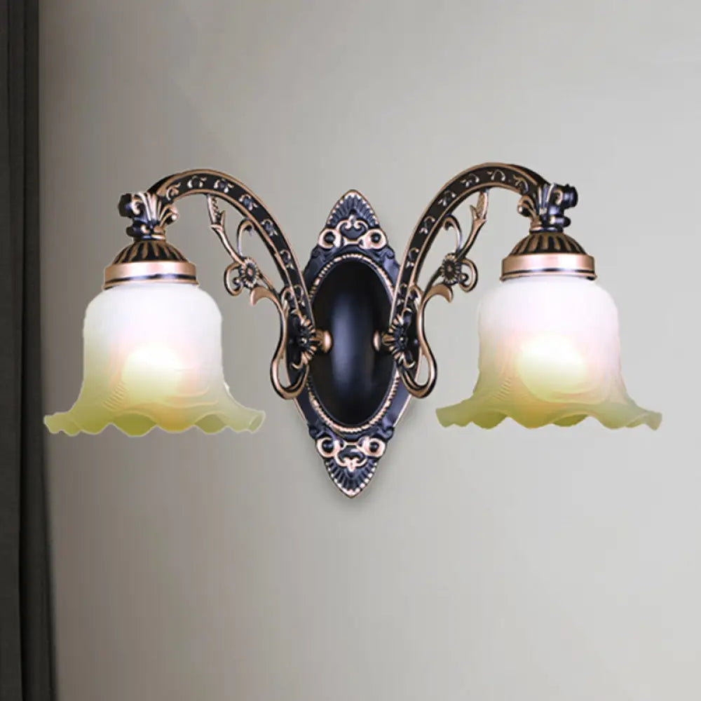 Retro Black/White Scalloped Sconce: Frosted Glass Shade Curved Arm Wall Lamp For Dining Room 2 /