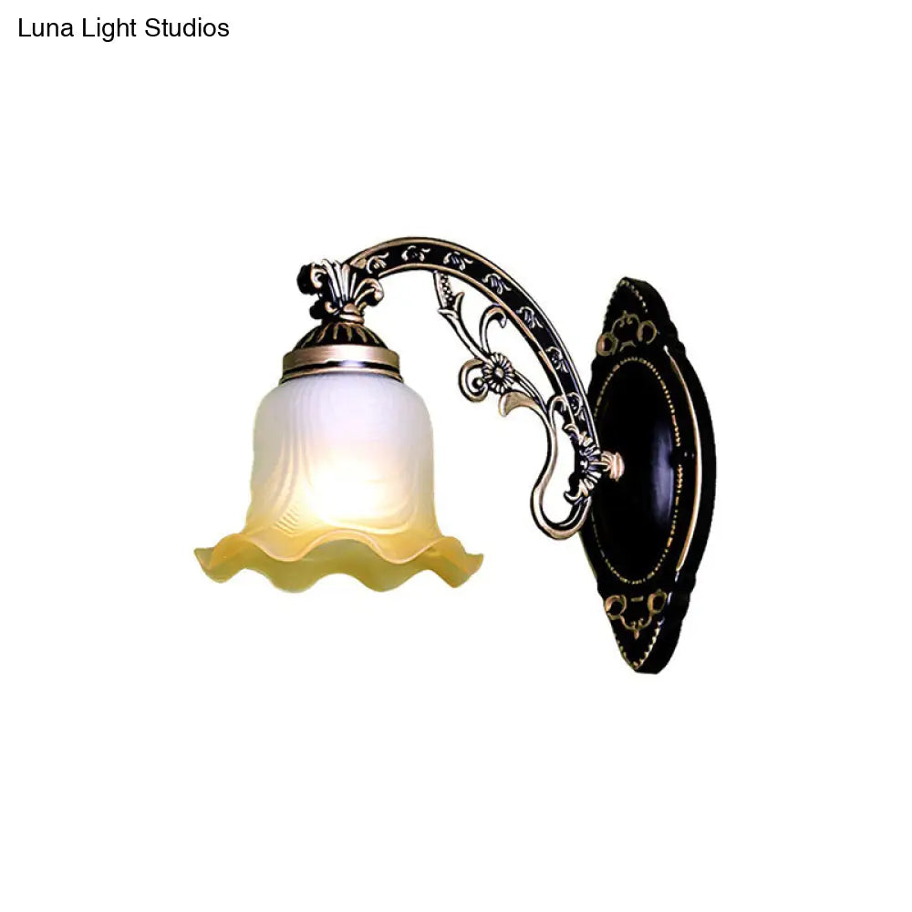 Retro Black/White Scalloped Sconce: Frosted Glass Shade Curved Arm Wall Lamp For Dining Room