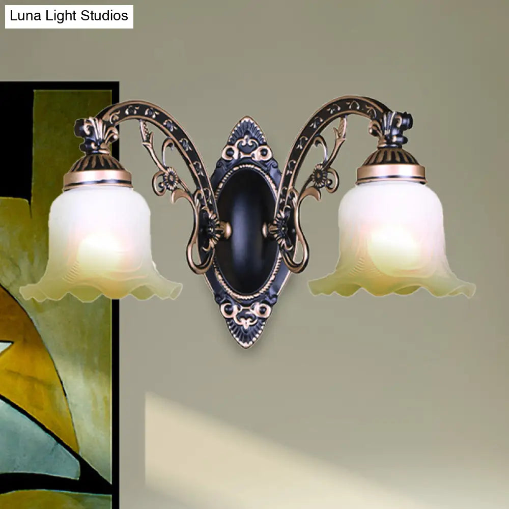 Retro Black/White Scalloped Sconce: Frosted Glass Shade Curved Arm Wall Lamp For Dining Room