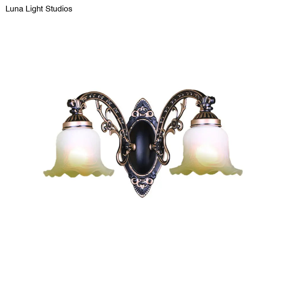 Retro Black/White Scalloped Sconce: Frosted Glass Shade Curved Arm Wall Lamp For Dining Room