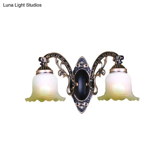 Retro Black/White Scalloped Sconce: Frosted Glass Shade Curved Arm Wall Lamp For Dining Room