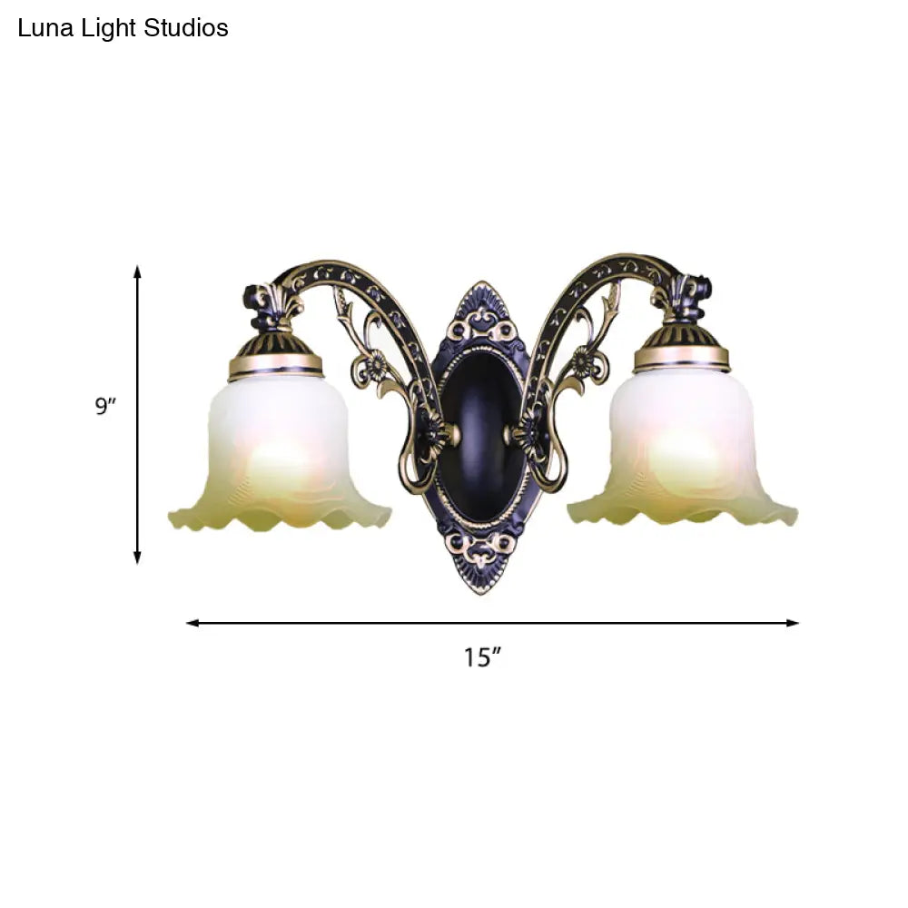 Retro Black/White Scalloped Sconce: Frosted Glass Shade Curved Arm Wall Lamp For Dining Room