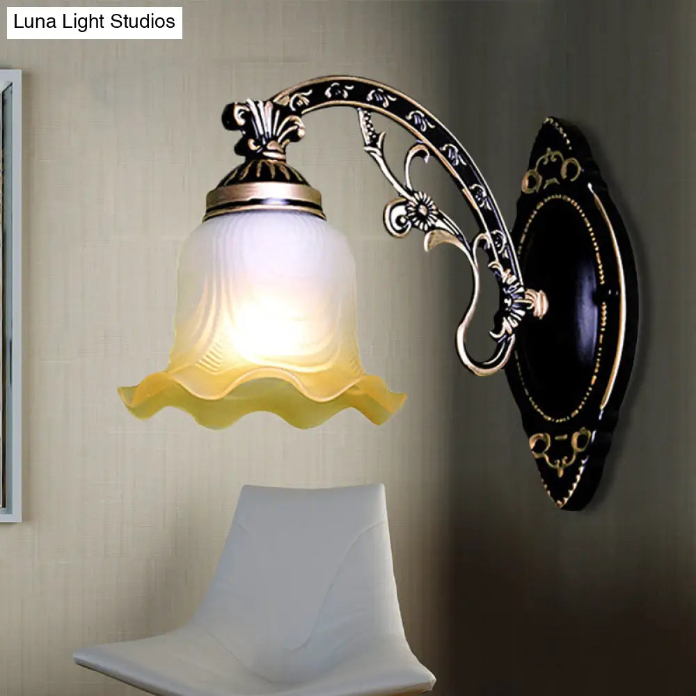 Retro Black/White Scalloped Sconce: Frosted Glass Shade Curved Arm Wall Lamp For Dining Room