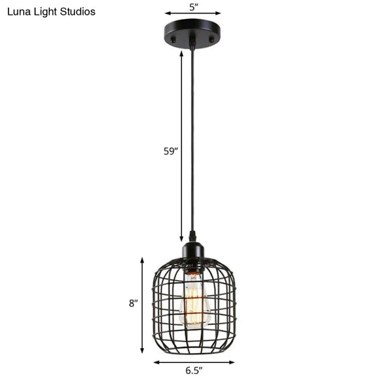 Retro Black Wire Cage Pendant Light For Restaurant - 1-Light Cylindrical Design