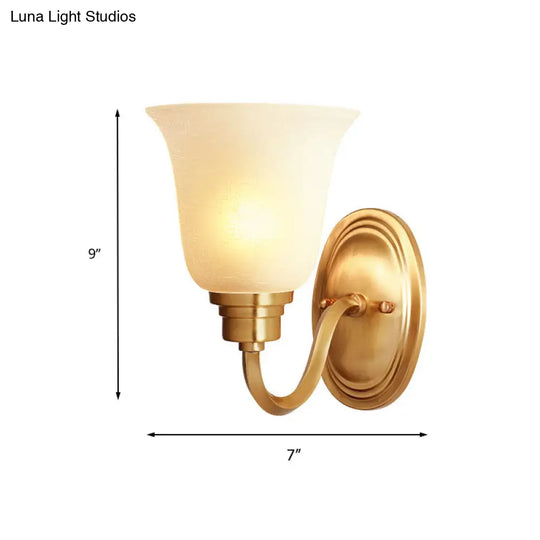 Retro Brass Bell Wall Light Fixture With White Glass Shade - 1-Light Living Room Lamp