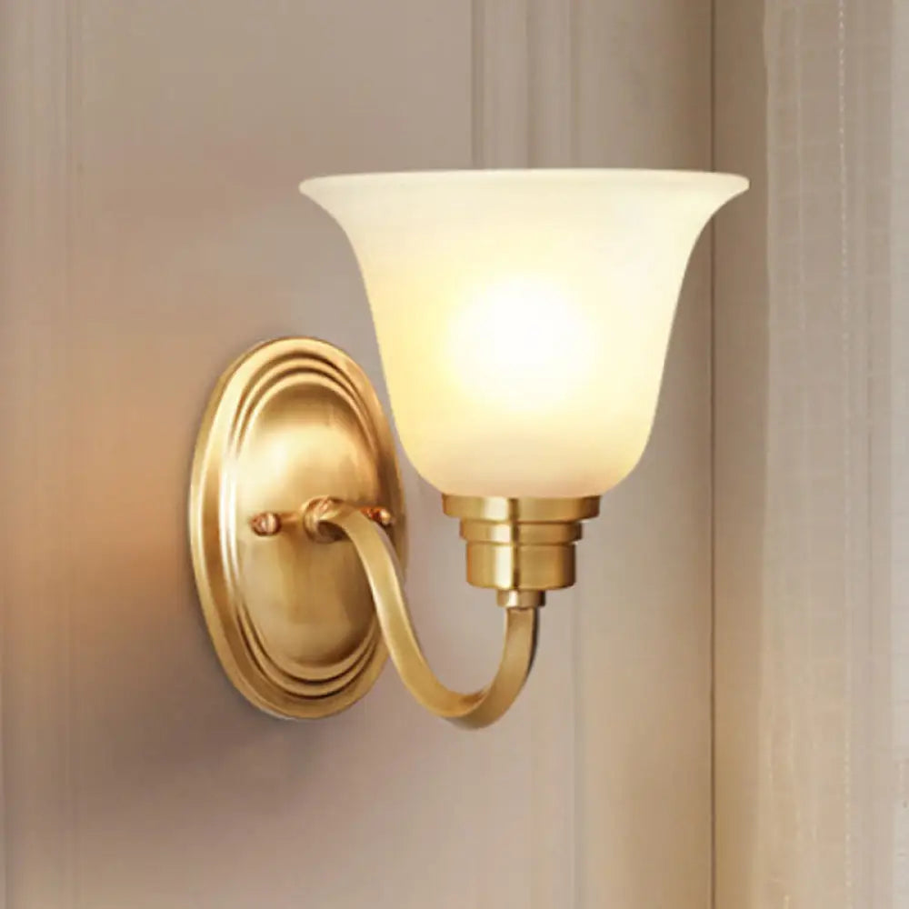 Retro Brass Bell Wall Light Fixture With White Glass Shade - 1-Light Living Room Lamp