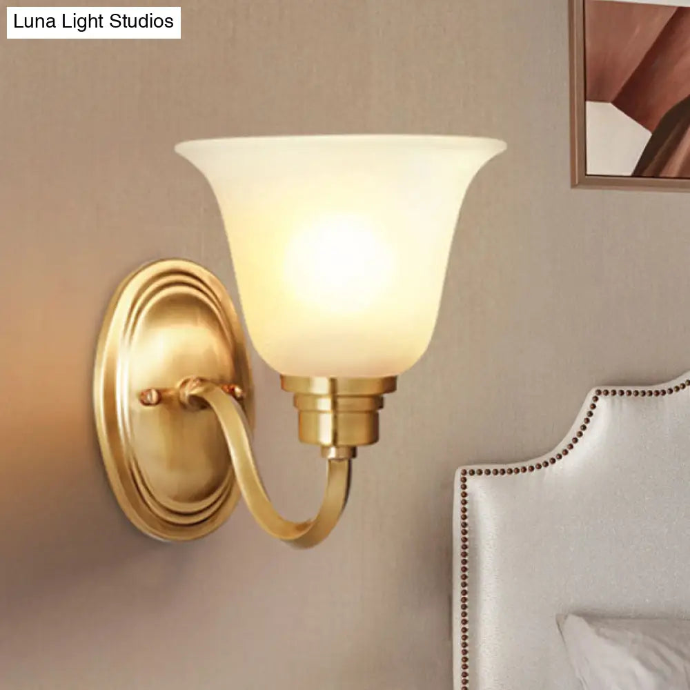 Retro Brass Bell Wall Light Fixture With White Glass Shade - 1-Light Living Room Lamp