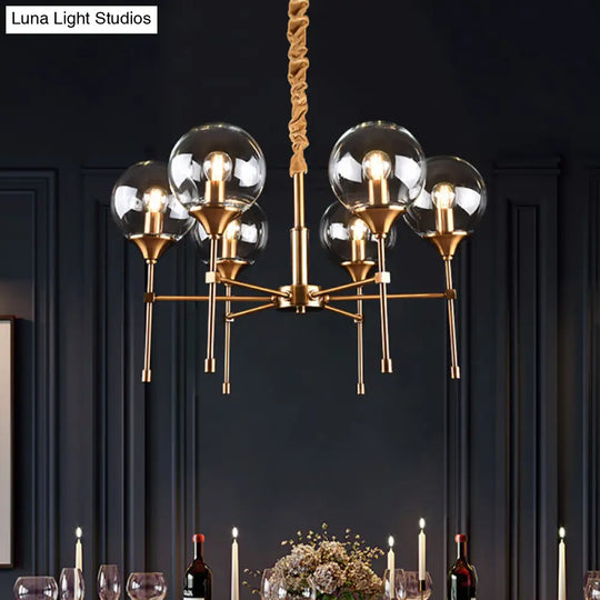 Retro Brass Burst Suspension Lamp - 6 Head Clear Glass Chandelier For Dining Table