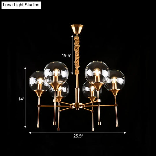 Retro Brass Burst Suspension Lamp - 6 Head Clear Glass Chandelier For Dining Table