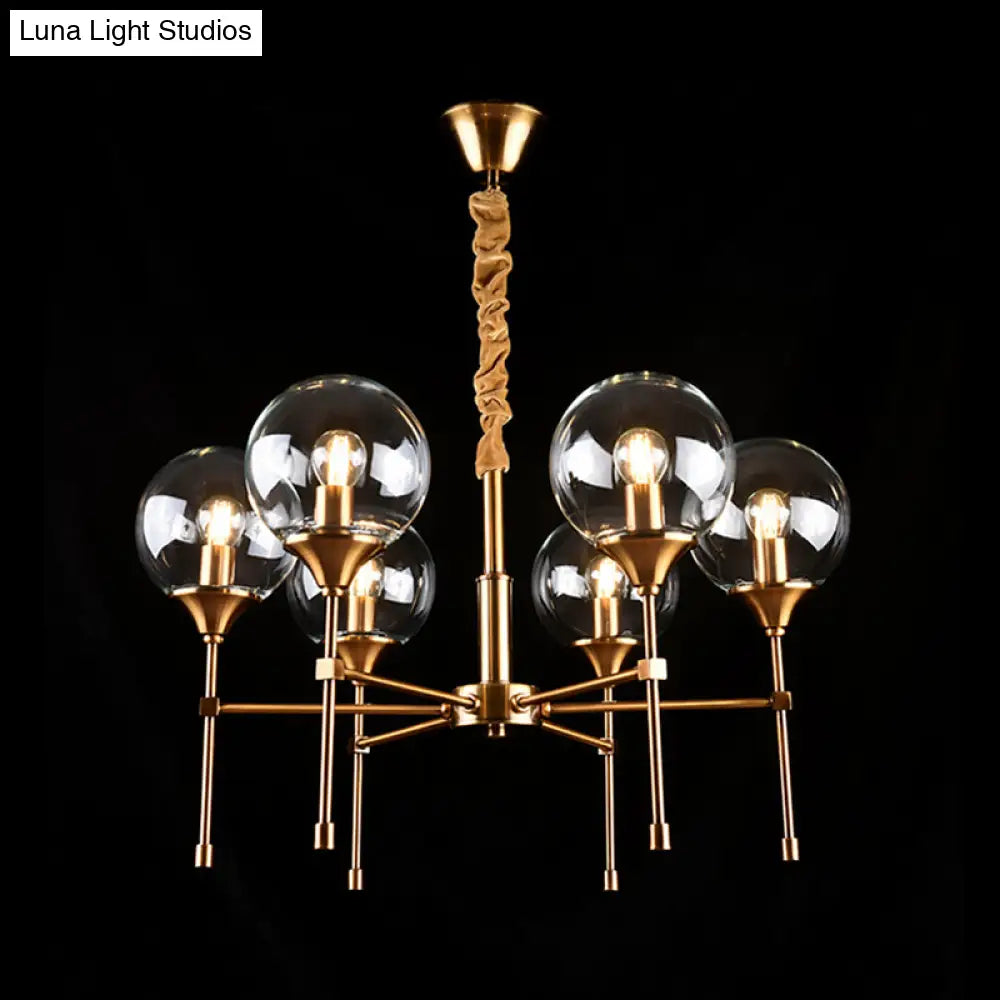 Retro Brass Burst Suspension Lamp - 6 Head Clear Glass Chandelier For Dining Table