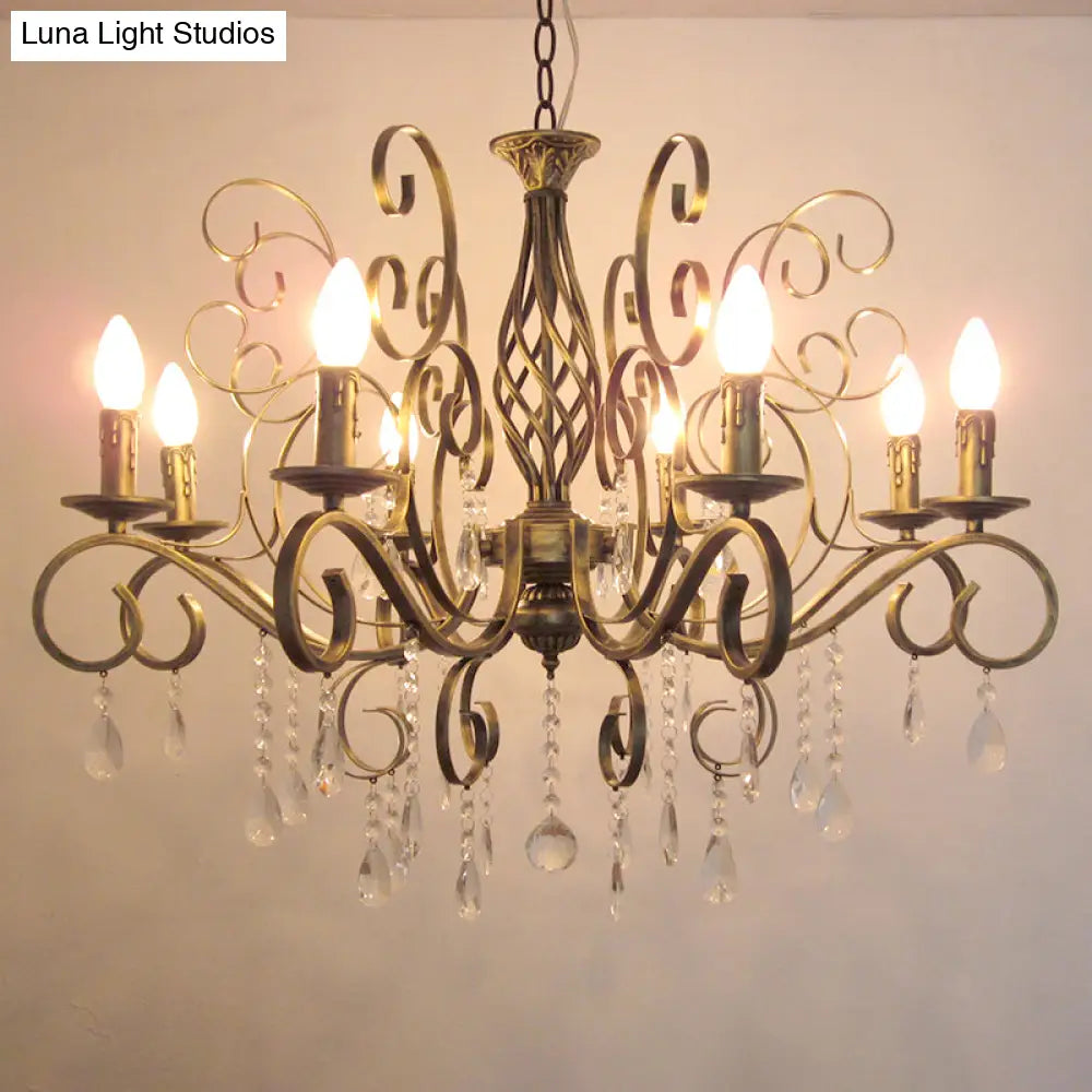 Retro Brass Candle Chandelier: Swirled Arm Pendant Lamp For Living Room With A Metallic Finish