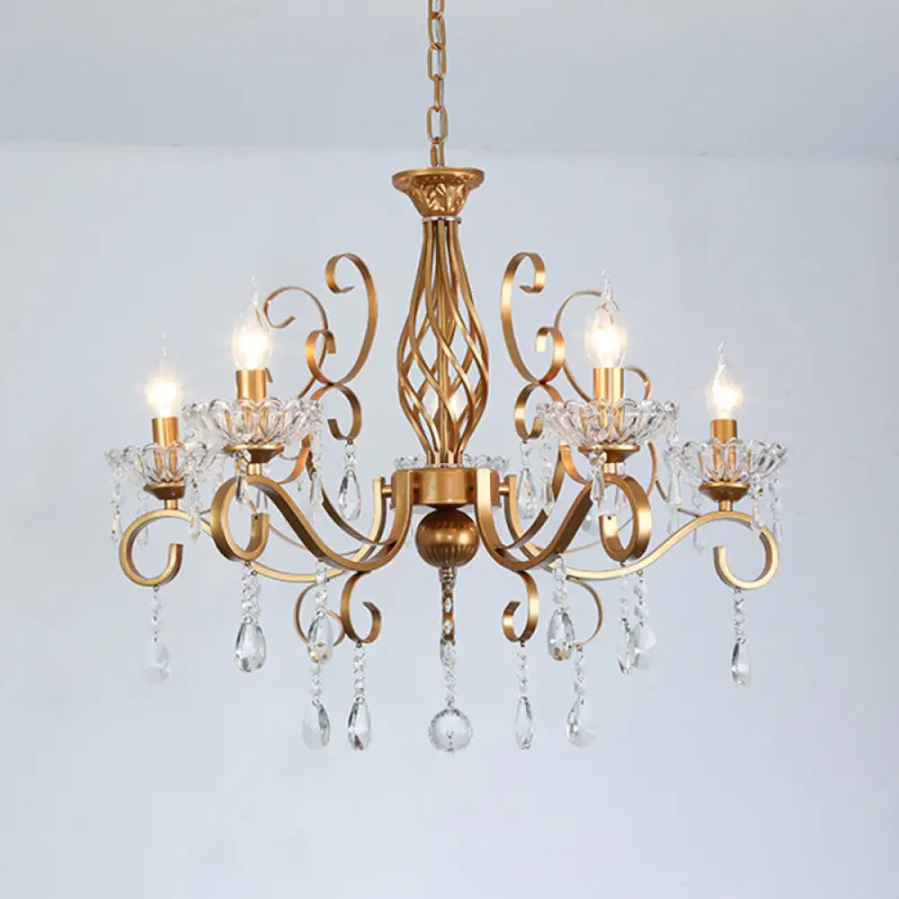 Retro Brass Candle Chandelier: Swirled Arm Pendant Lamp For Living Room With A Metallic Finish 5 /