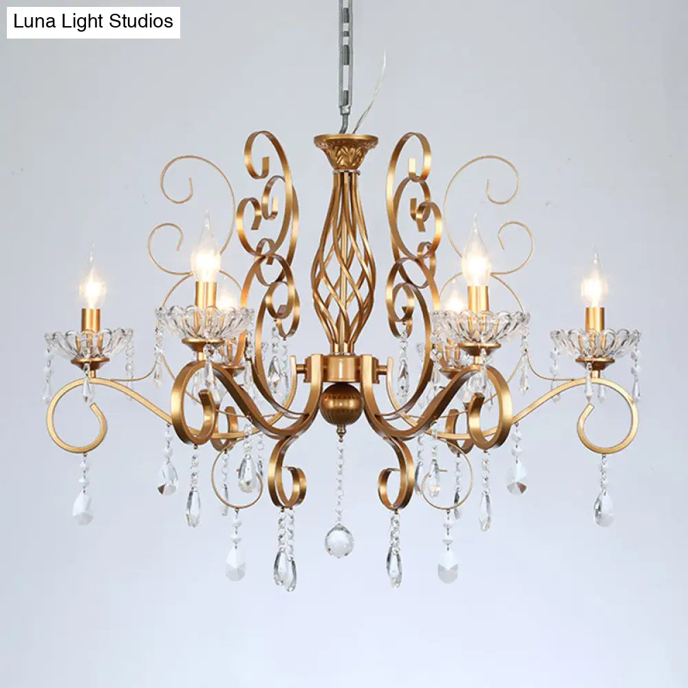 Retro Brass Candle Chandelier: Swirled Arm Pendant Lamp For Living Room With A Metallic Finish