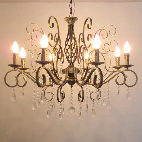 Retro Brass Candle Chandelier: Swirled Arm Pendant Lamp For Living Room With A Metallic Finish 8 /