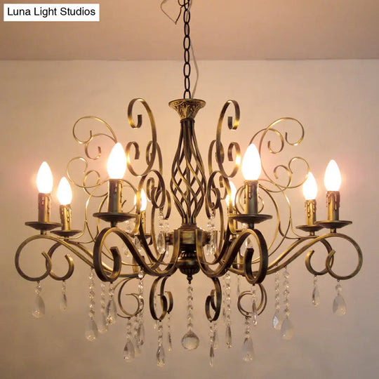 Retro Brass Candle Chandelier: Swirled Arm Pendant Lamp For Living Room With A Metallic Finish