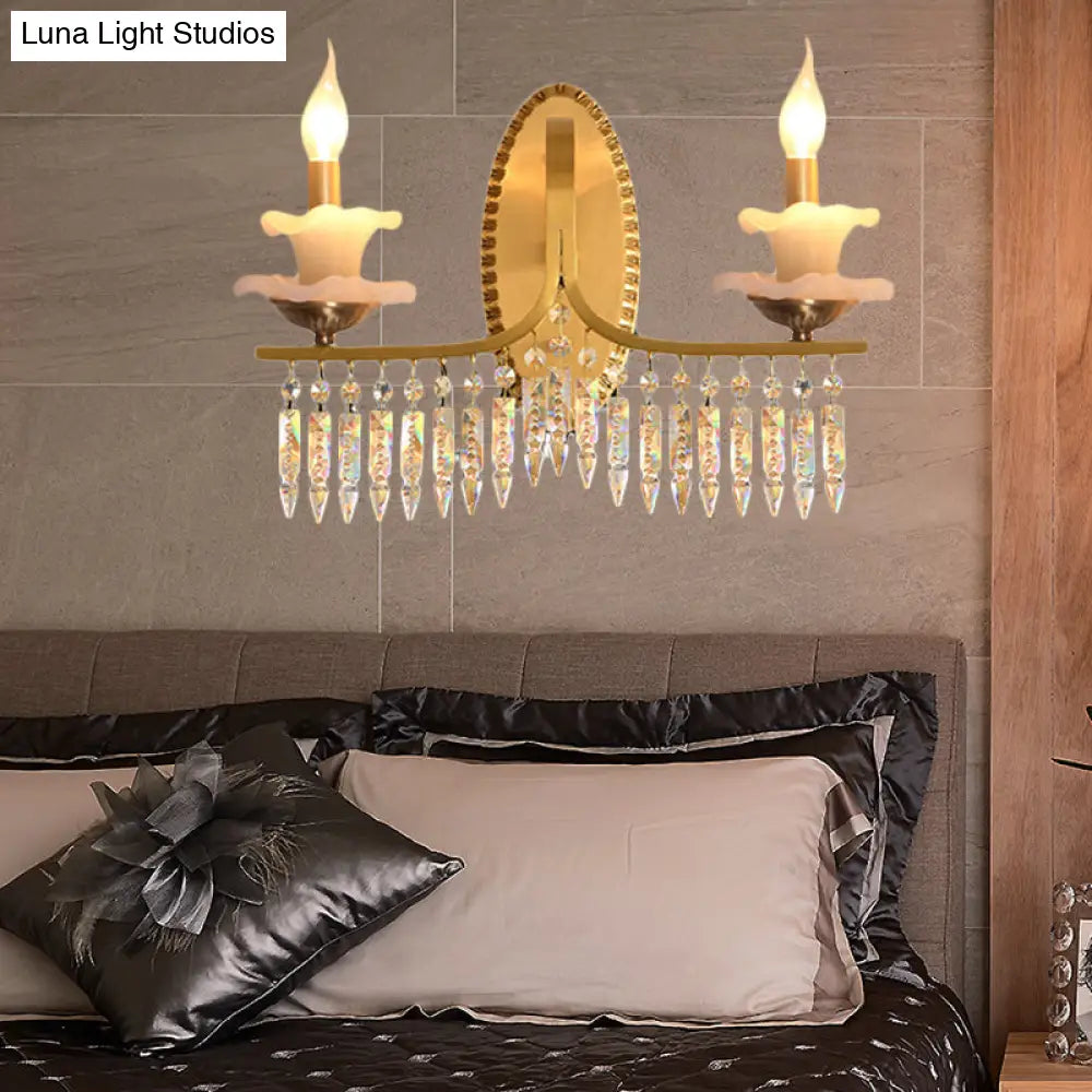 Retro Brass Candle Sconce Light Fixture With Crystal Accents - Wall Mounted Lighting (2 Lights)