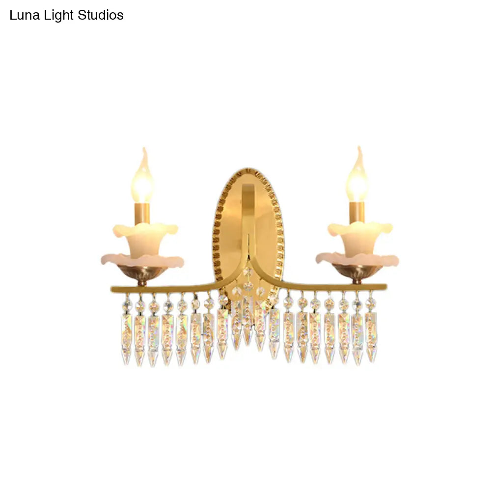 Retro Brass Candle Sconce Light Fixture With Crystal Accents - Wall Mounted Lighting (2 Lights)