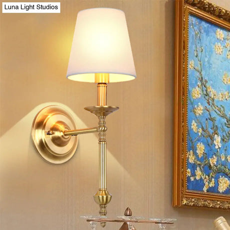 Retro Brass Cone Wall Sconce With White Fabric Shade - Ideal For Dining Room Lighting