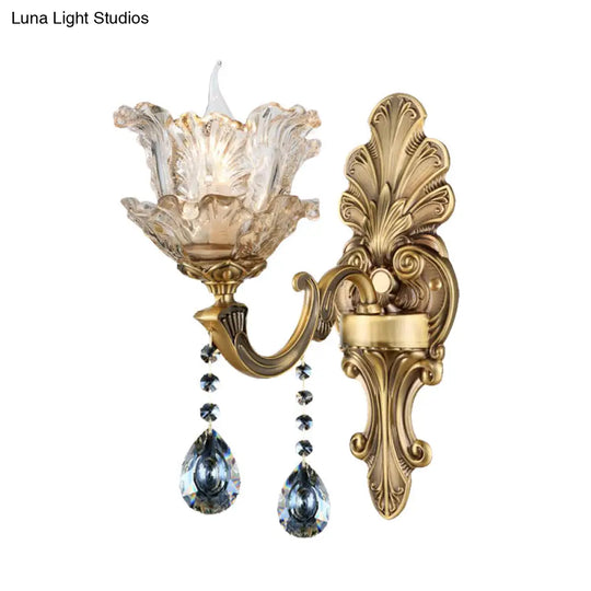 Retro Brass Curved Arm Metal Sconce With Faceted Crystal Accent - 1/2 Lights Living Room Wall