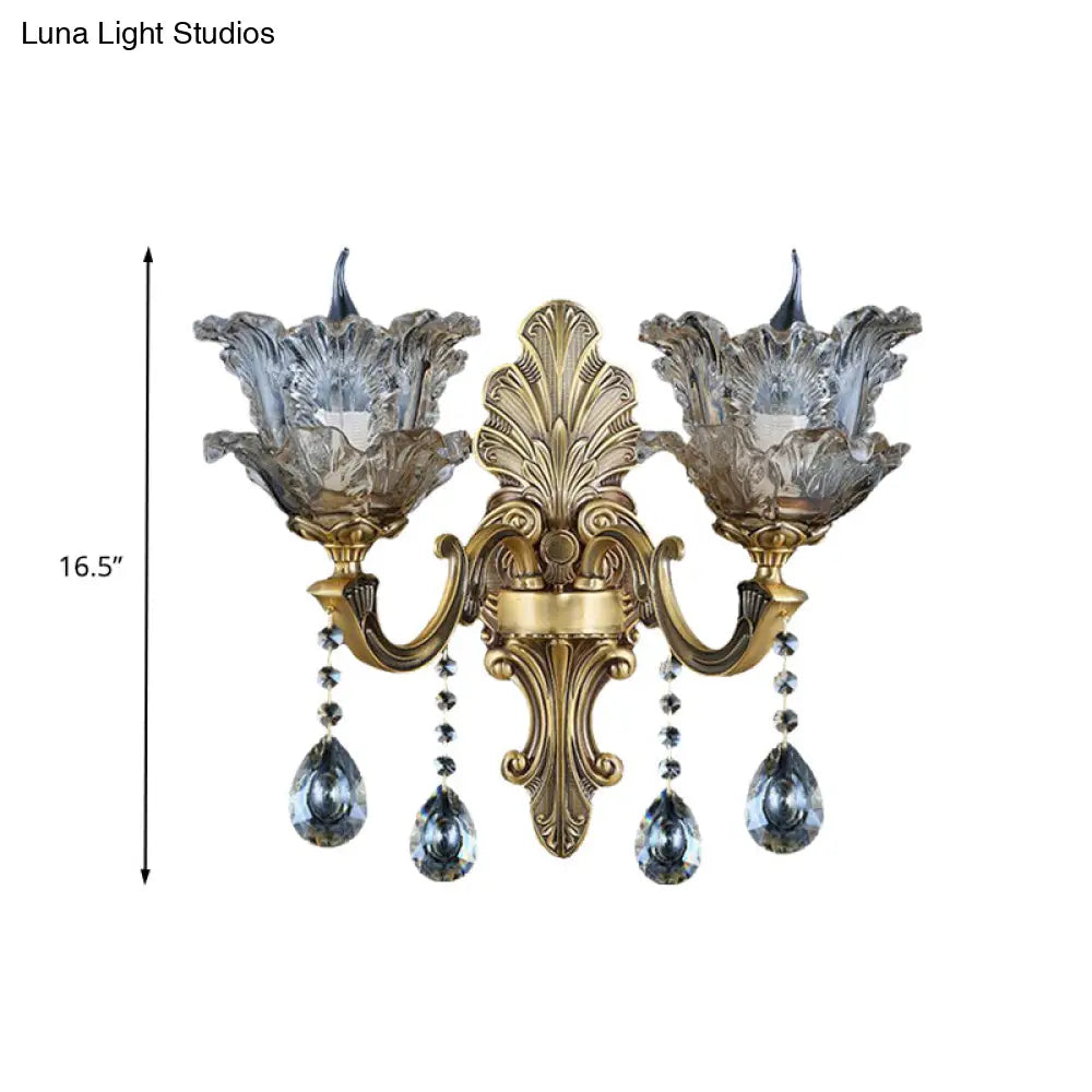 Retro Brass Curved Arm Metal Sconce With Faceted Crystal Accent - 1/2 Lights Living Room Wall