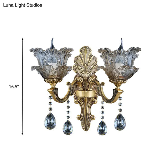 Retro Brass Curved Arm Metal Sconce With Faceted Crystal Accent - 1/2 Lights Living Room Wall