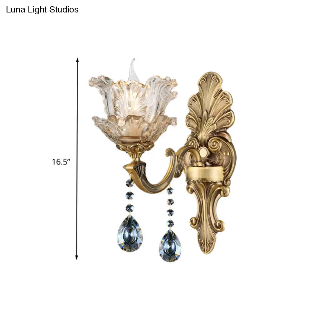 Retro Brass Curved Arm Metal Sconce With Faceted Crystal Accent - 1/2 Lights Living Room Wall