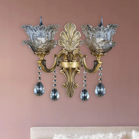 Retro Brass Curved Arm Metal Sconce With Faceted Crystal Accent - 1/2 Lights Living Room Wall