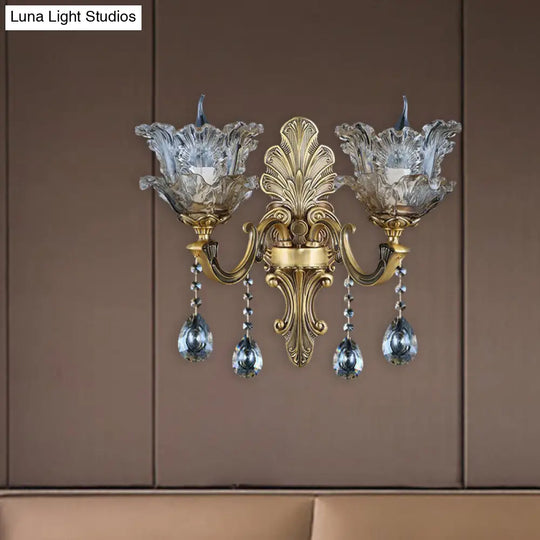 Retro Brass Curved Arm Metal Sconce With Faceted Crystal Accent - 1/2 Lights Living Room Wall