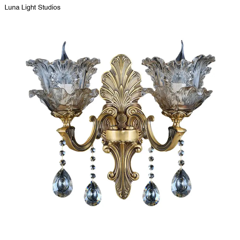 Retro Brass Curved Arm Metal Sconce With Faceted Crystal Accent - 1/2 Lights Living Room Wall