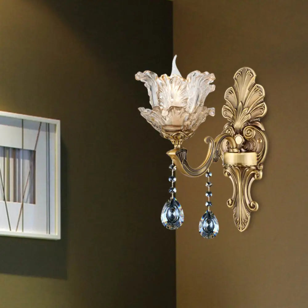 Retro Brass Curved Arm Metal Sconce With Faceted Crystal Accent - 1/2 Lights Living Room Wall