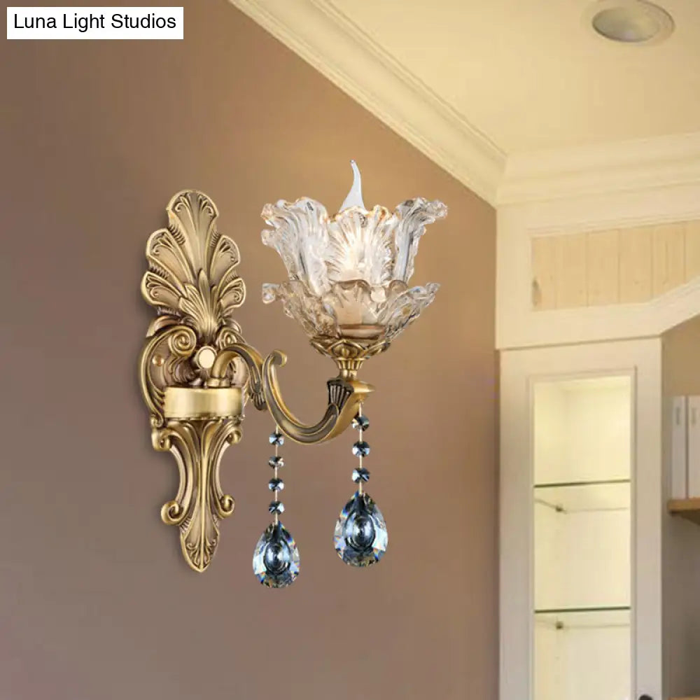 Retro Brass Curved Arm Metal Sconce With Faceted Crystal Accent - 1/2 Lights Living Room Wall