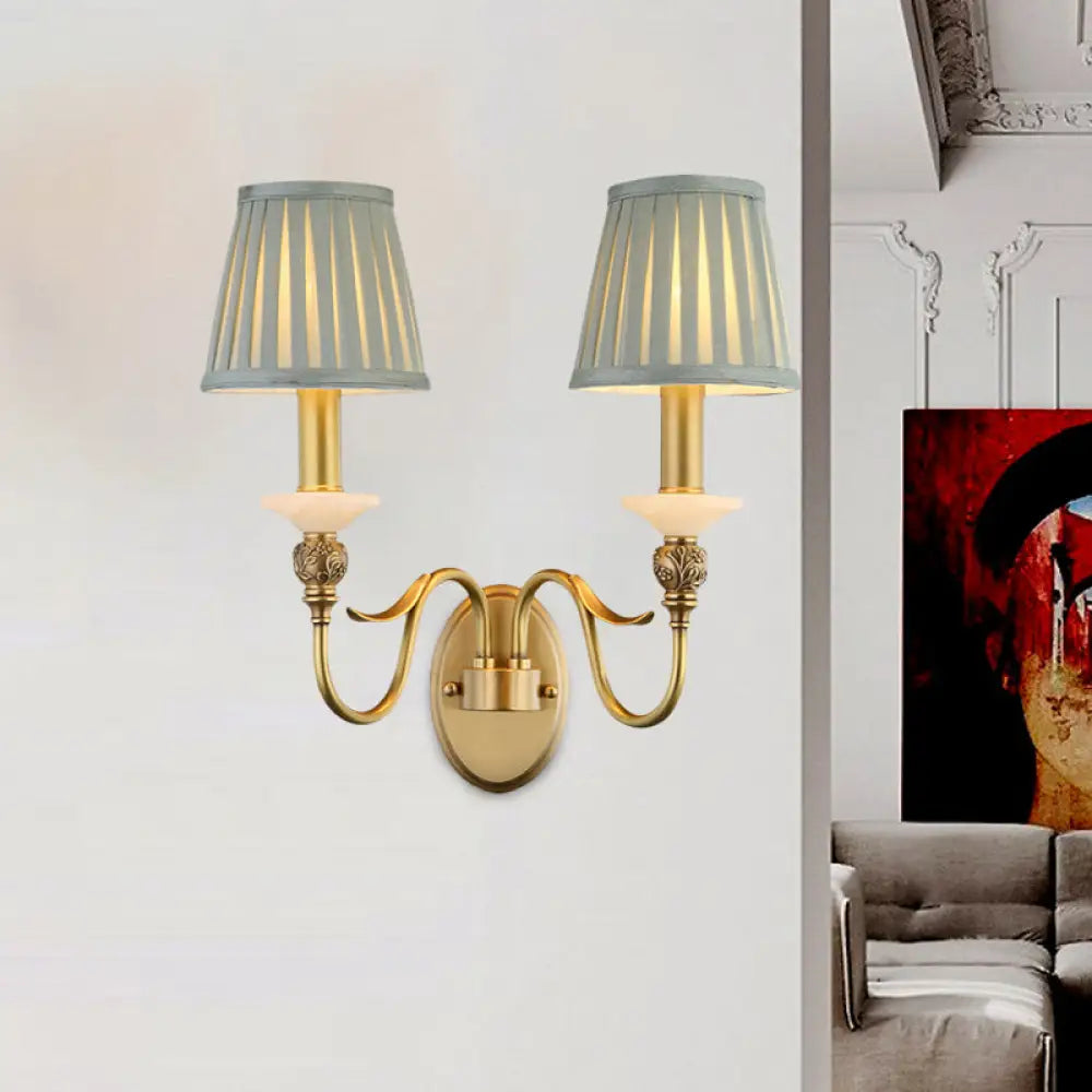 Retro Brass Finish Wall Light Sconce - 2 Heads Tapered Design For Living Room