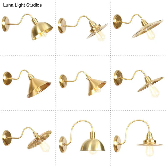 Retro Brass Gooseneck Wall Reading Lamp With 1-Light Metallic Finish And Assorted Shades