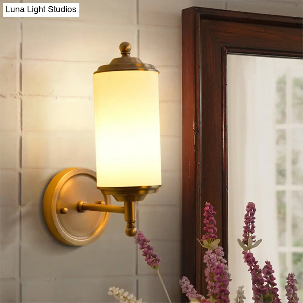 Retro Brass Sconce With Milky Glass Shade & Clean-Lined Arm - 1-Light Foyer Wall Lamp