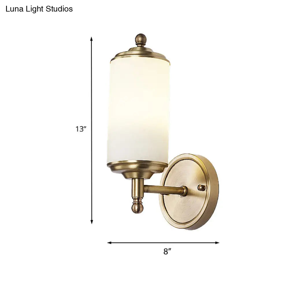 Retro Brass Sconce With Milky Glass Shade & Clean-Lined Arm - 1-Light Foyer Wall Lamp