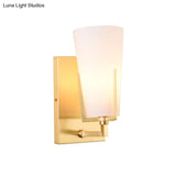 Retro Brass Wall Lamp With Frosted Glass Conical Sconce Light For Bedroom