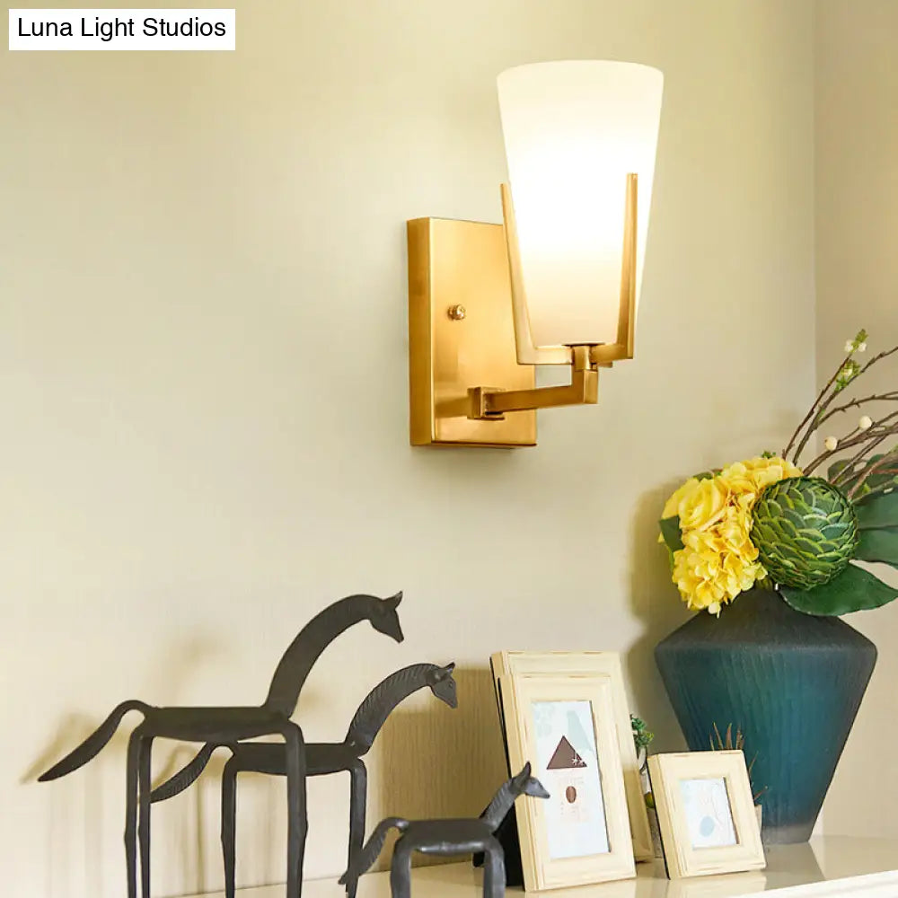 Retro Brass Wall Lamp With Frosted Glass Conical Sconce Light For Bedroom