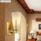 Retro Brass Wall Lamp With Frosted Glass Conical Sconce Light For Bedroom