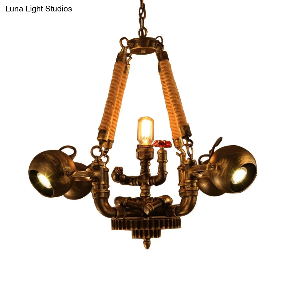 Retro Bronze 5-Light Ball Chandelier With Global Shade - Metal And Rope Pendant For Bars