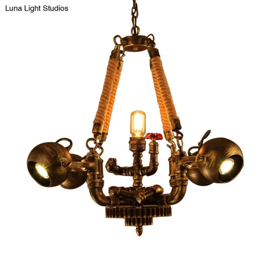 Retro Bronze 5-Light Ball Chandelier With Global Shade - Metal And Rope Pendant For Bars