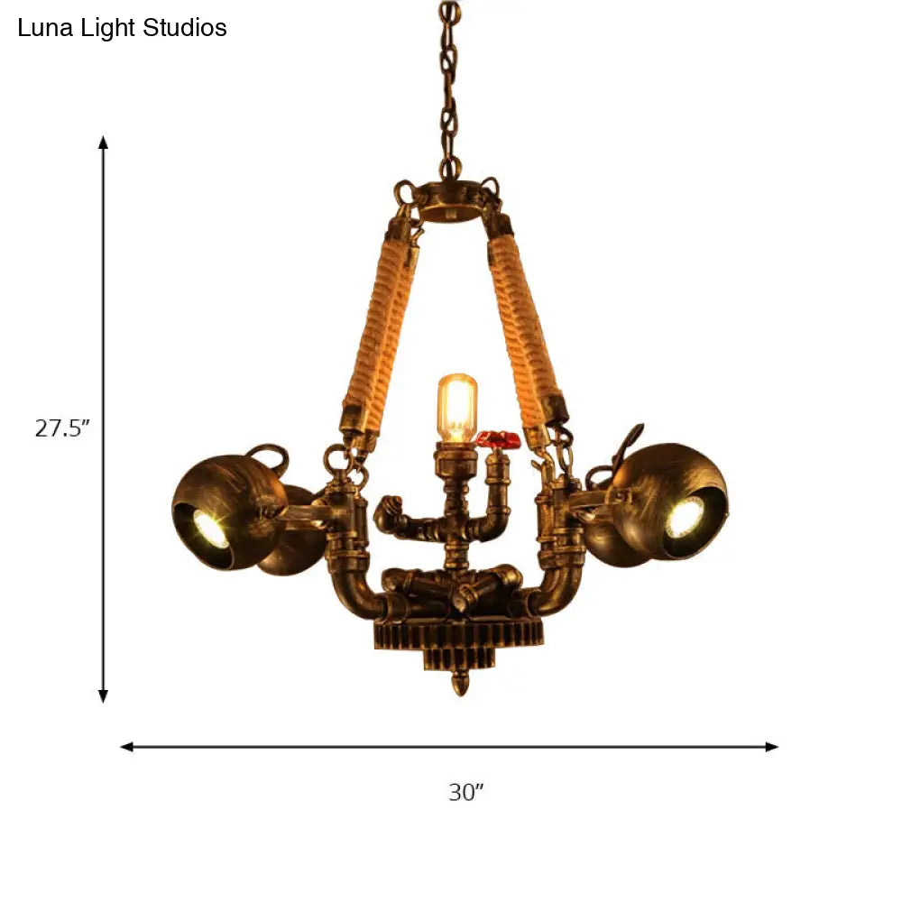 Retro Bronze Metal And Rope Hanging Pendant Chandelier - 5 Lights Ball Global Shade Ideal For Bars
