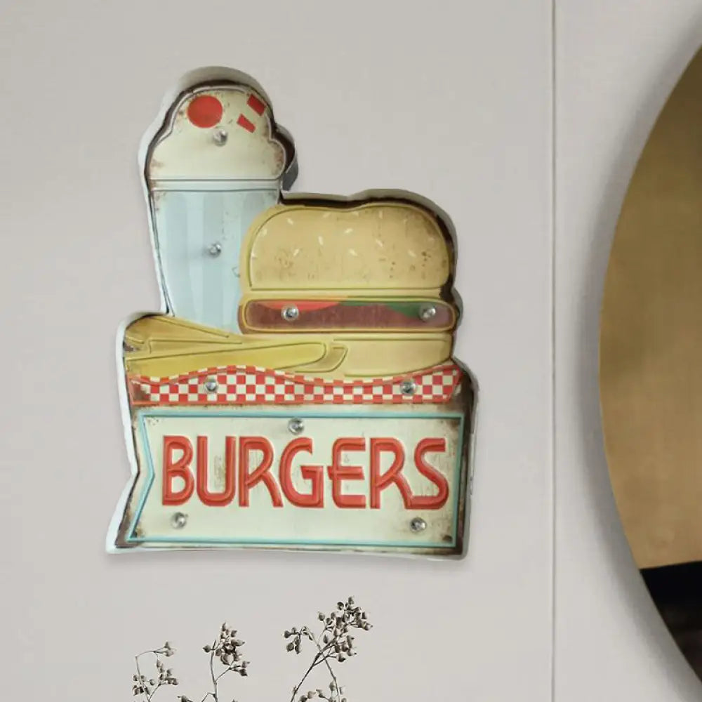 Retro Burger/Drinks Led Wall Night Lamp For Cinema Bar - Blue & Yellow/White Iron Lighting