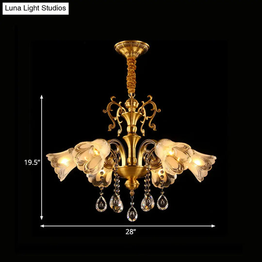 Retro Clear Glass Flower Pendant Chandelier - 6 Light Brass Hanging Lamp With Crystal Drape For