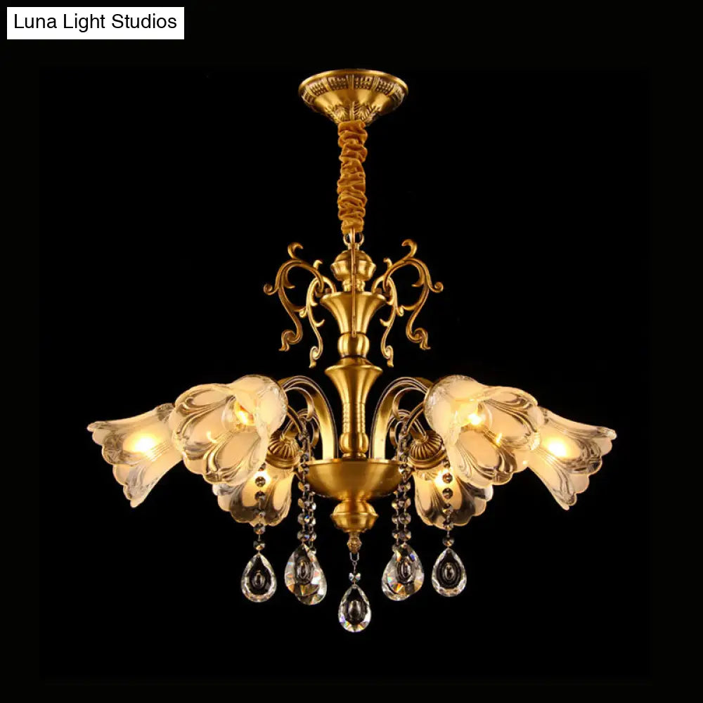 Retro Clear Glass Flower Pendant Chandelier - 6 Light Brass Hanging Lamp With Crystal Drape For