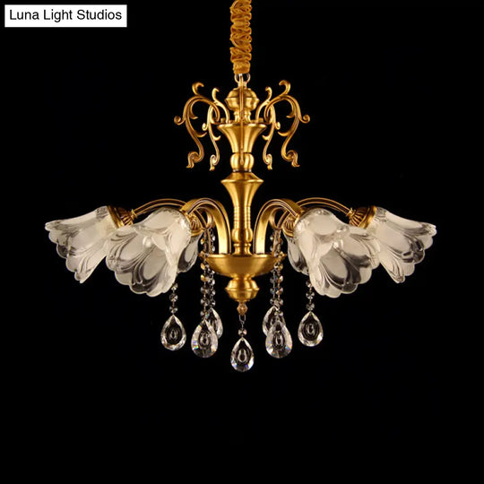 Retro Clear Glass Flower Pendant Chandelier - 6 Light Brass Hanging Lamp With Crystal Drape For