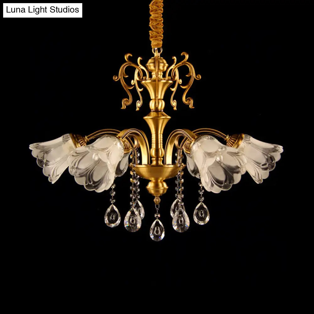 Retro Brass Flower Pendant Chandelier: Clear Glass 6 Lights Crystal Drape - Ideal For Living Rooms