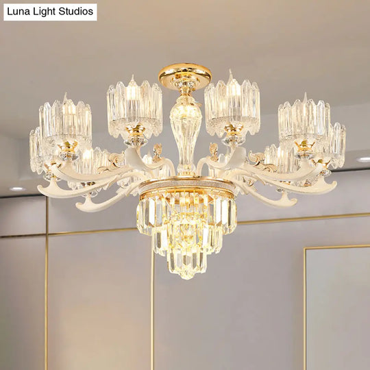 Retro Clear Glass Gold Pendant Chandelier With Crystal Decor - Cylindrical Living Room Light